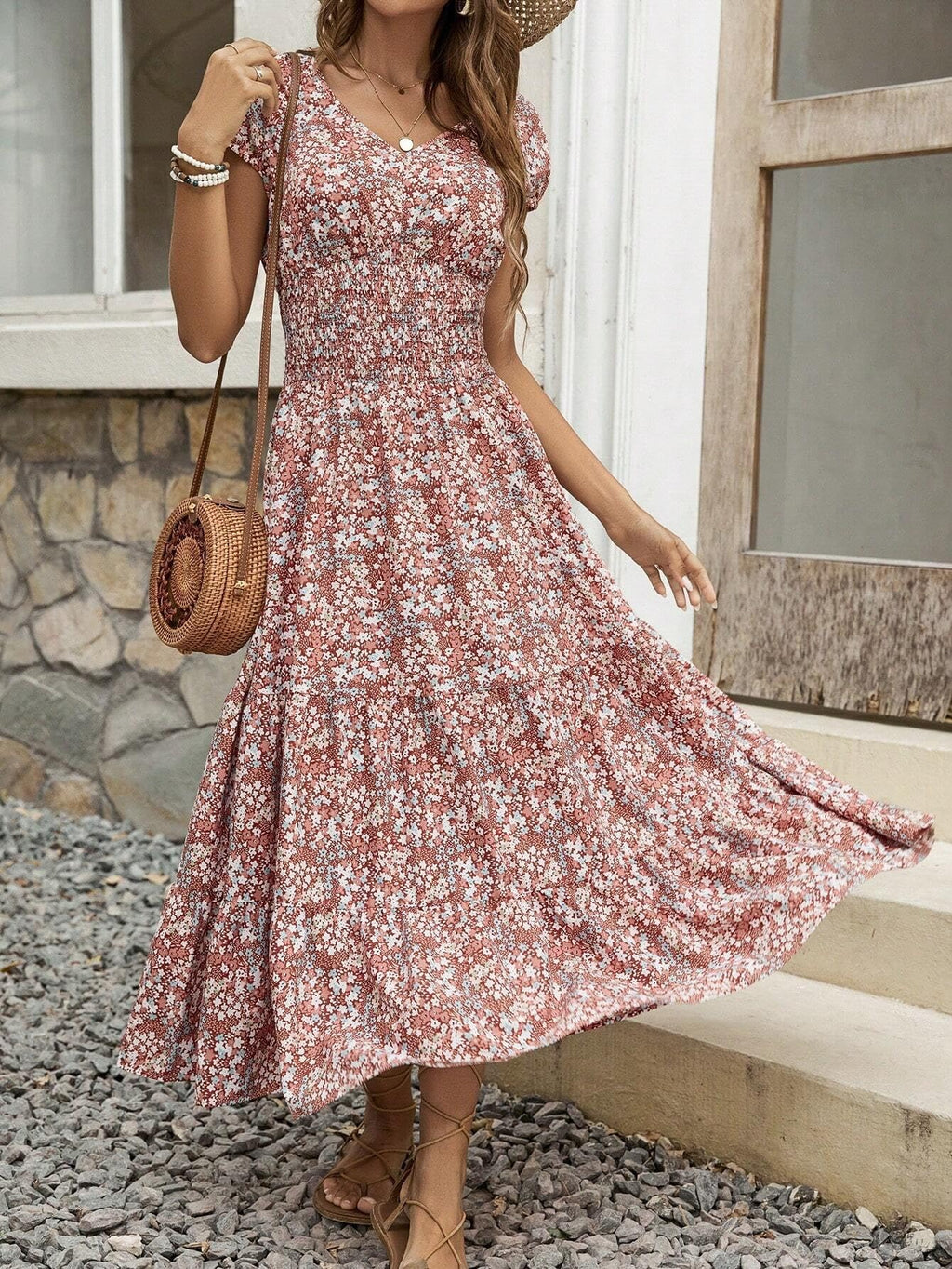 Blossom Chic V-Neck Floral Dress For Women - Soft, Breathable Polyester, Machine Washable, Easy Care, Perfect For Spring, Summer, And Fall Occasions, Everyday Wear, And Outdoor Activities