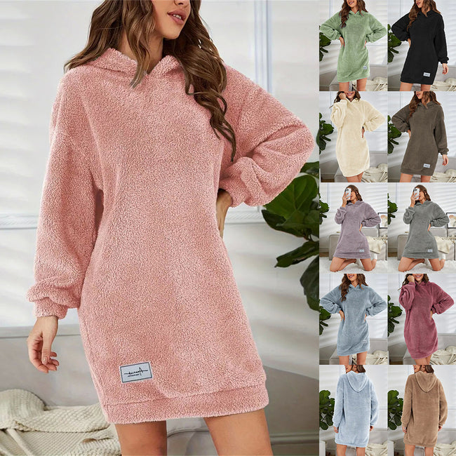 Women's Hooded Long Sleeve Plush Dress Hover Image