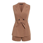 Fashion Striped Suit Collar Lace Up Shorts Set