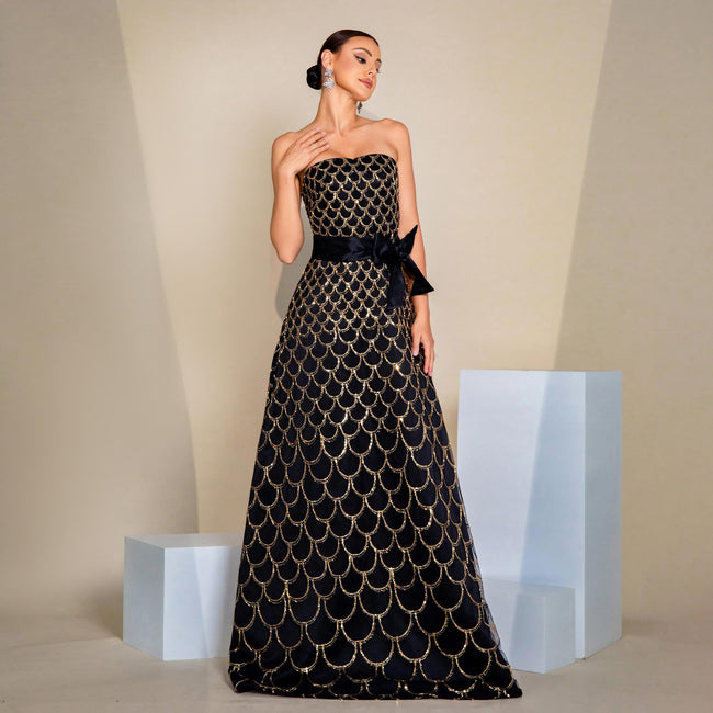 Off-neck Wrapped Chest Nipped-waist Large Swing Sequined Evening Dress Main Image