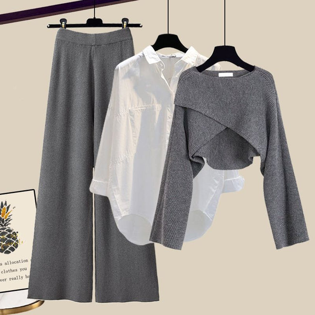 Knitted Sweater Shirt Wide Leg Pants Three-piece Set Autumn And Winter Suit Women Hover Image