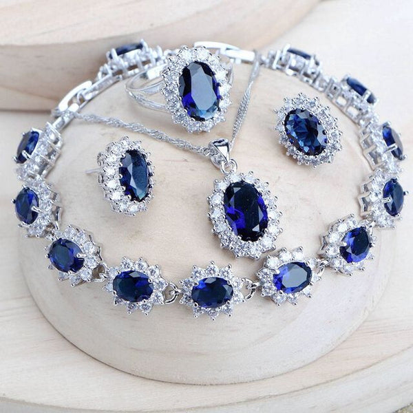 Parures de Bijoux de Mariage pour Femme en Argent 925, Zircon cubique bleu