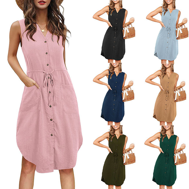 Sleeveless V-neck Buttoned Dress With Pockets Fashion Casual Waist Tie Design Summer Dress Womens Clothing Hover Image
