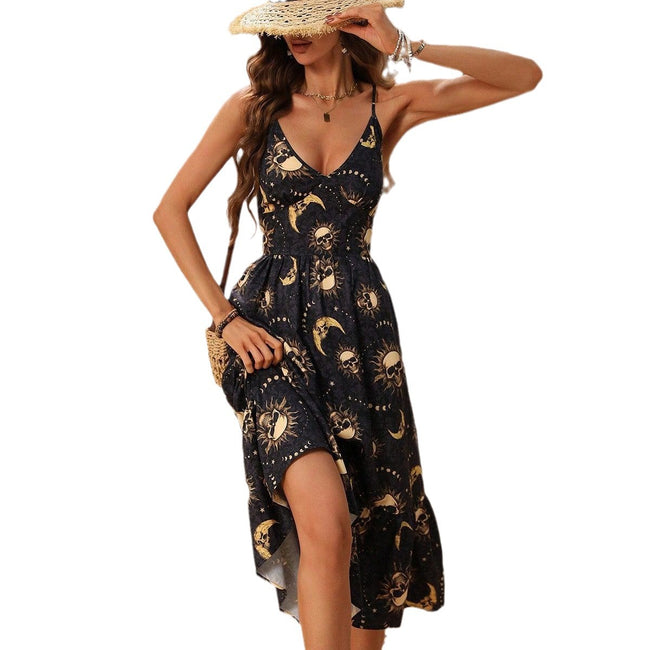 Lady Gothic Retro Dark Skull Bone Sun And Moon Print Dress Main Image