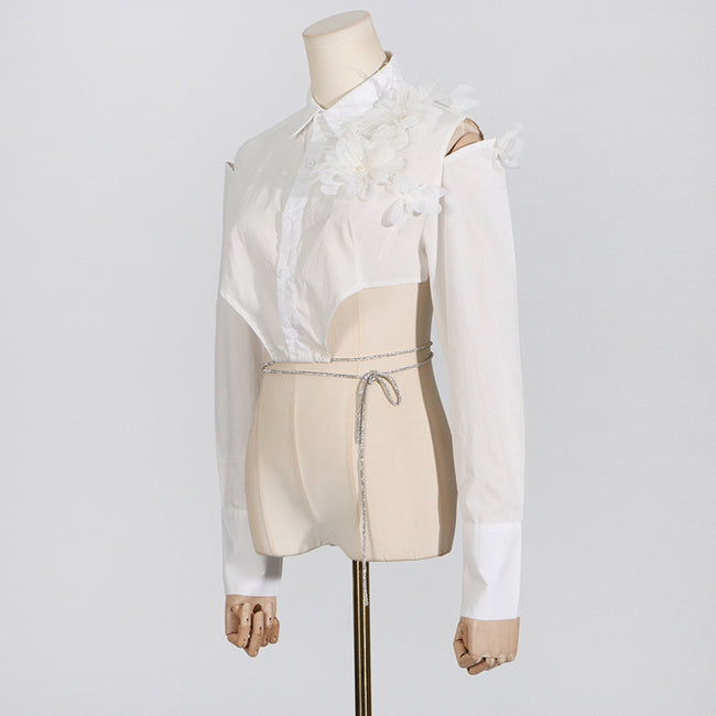 Irregular Design Flower Stitching Tied Shirt For Women Main Image