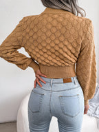 Women 3D Diamond Knit Long Sleeve Cropped Sweater