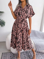 Women's Casual Loose Leopard Print Tie Waist Shirt Dress