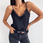 V-neck Lace-trimmed Solid-color Sexy Figure-hugging Womens Camisole