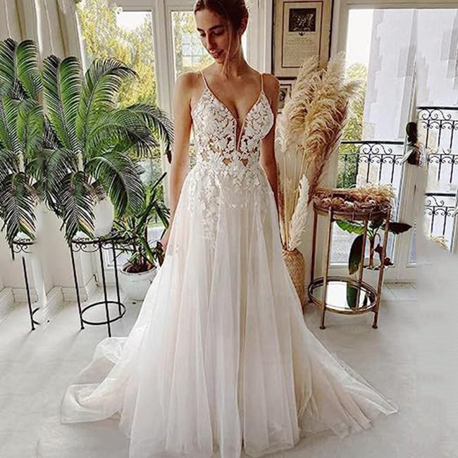 Women's Wedding Dress Lace Strap Backless Hover Image