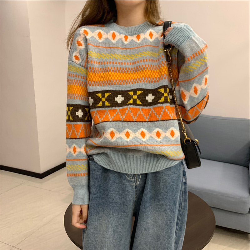 New Trendy Round Neck Long Sleeve Sweater All-Match Loose Sweater Women