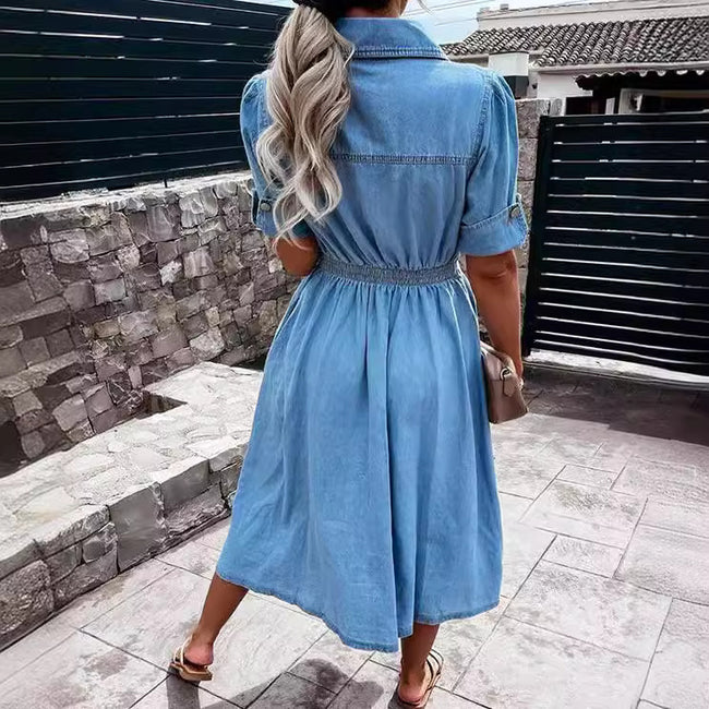Women's Single-breasted Lapel Denim Dress Ins Fashion Temperament Slim-fit Short-sleeved Dress Summer Main Image