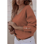 Solid Color Button Long Sleeve V-neck T-shirt Women