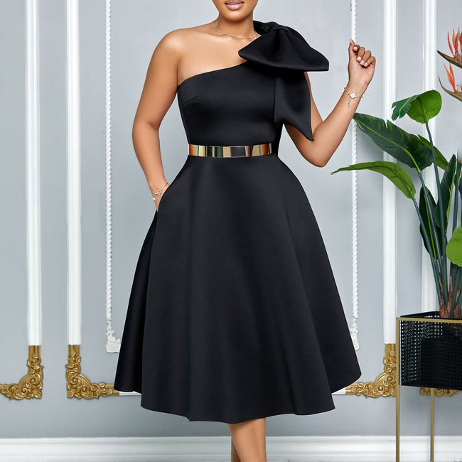 New Fashion Oblique Shoulder Bow Party Dress Big Swing African Dress Main Image