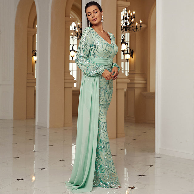 Long Sleeve Sexy Long Sequined V-neck Banquet Ribbon Evening Dress Main Image