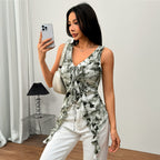 Womens Sexy V-Neck Lace-Up Camisole With Leopard Print Top