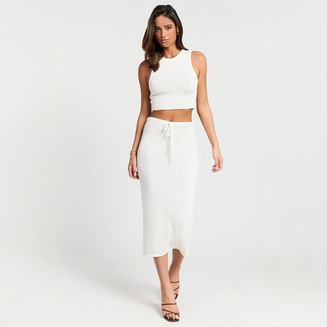Solid Color Sleeveless Knitting Suit Women's Fashion Vacation High Waist Long Skirt Two-piece Set Main Image