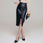 Womens Over-the-Knee PU Leather Skirt With A Slit