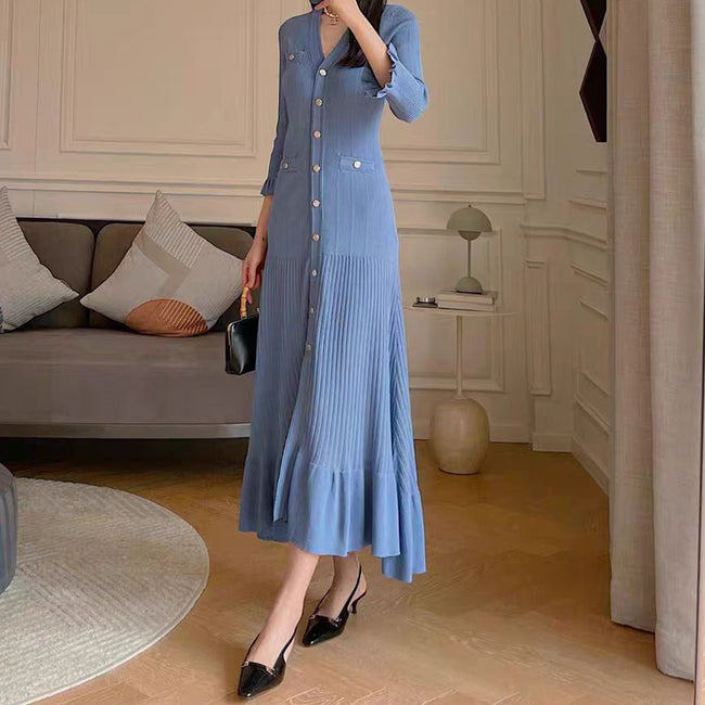 French Single-breasted Blue V-neck Fishtail Knitted Dress Women Hover Image