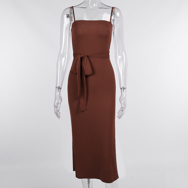Wide Pit Belt Slit Sling Dress Women