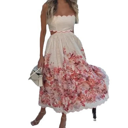 Women's Fashion Hollowed-out Printing Slip Dress
