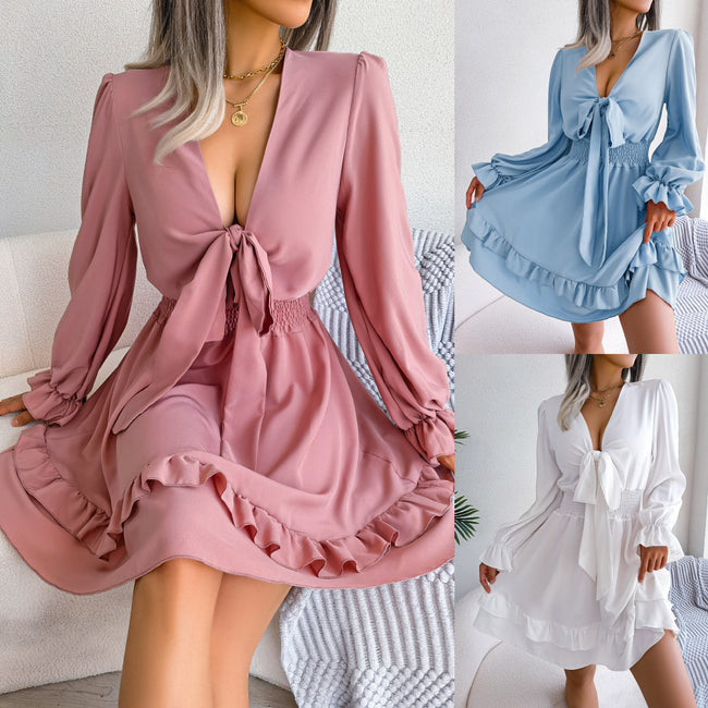 Summer Dresses Solid Color V-neck Long Sleeve Dress For Women Sexy V-neck Lace Up A-line Dress Women's Beach Dress Hover Image