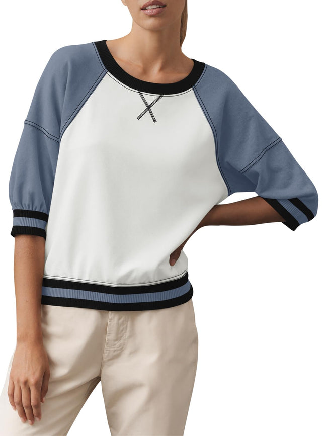 Fisoew Womens Crewneck Sweatshirt Ribbed Raglan Half Sleeve Pullover Tops Color Block Loose Fit Sweatshirts Main Image