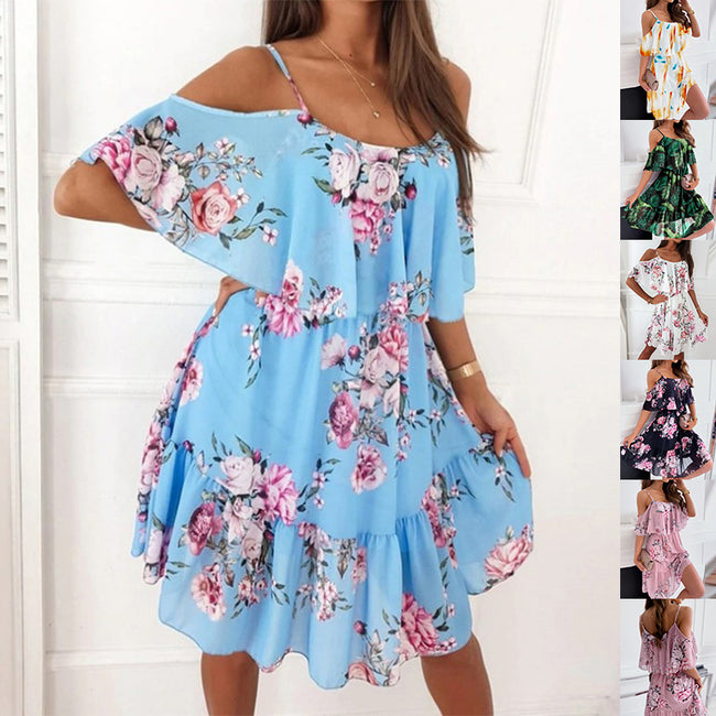 Flower Printed Ruffled Suspender Dress Summer Off-the-shoulder Strap Dresses Women Hover Image