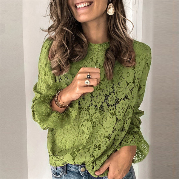 Hot-selling horn sleeve long sleeve hollow lace shirt women