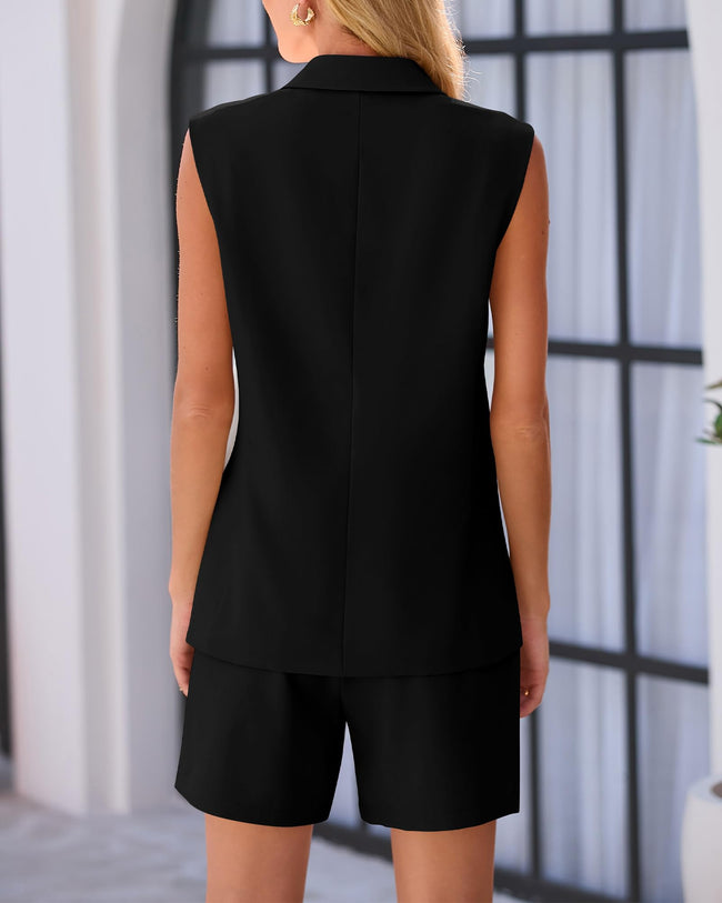 Women Fashion Solid Color Double-Breasted Blazer Sleeveless Two-piece Set Main Image