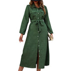 New Women Turn-down Collar Green Long Sleeve Solid Color Dress