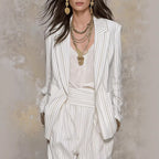 Womens Stylish And Elegant Striped Long-Sleeve Blazer And Pants Suit Set