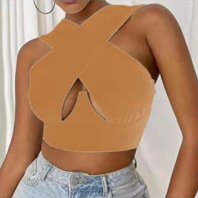 V Neck Cross Cut Zipper Short Umbilical Vest Women
