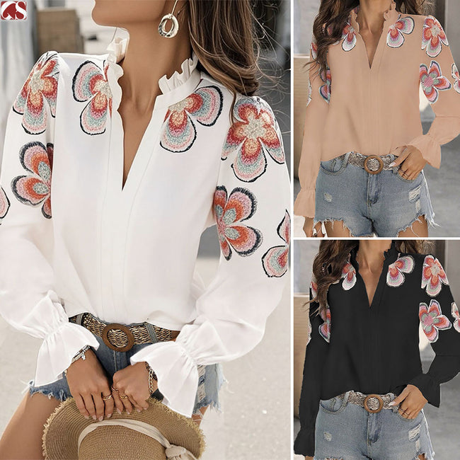 New Fashion V-neck Puff Sleeve Ruffles Blouse For Women Hover Image