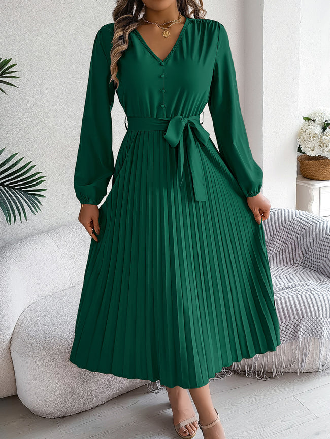 Women's Elegant V-Neck Button Tie-Waist Flared Pleated Maxi Dress Hover Image