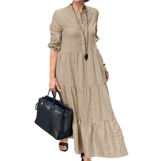 Women's Solid Color Wide Hem Casual Loose Lapel Cotton Linen Long Dress Main Image