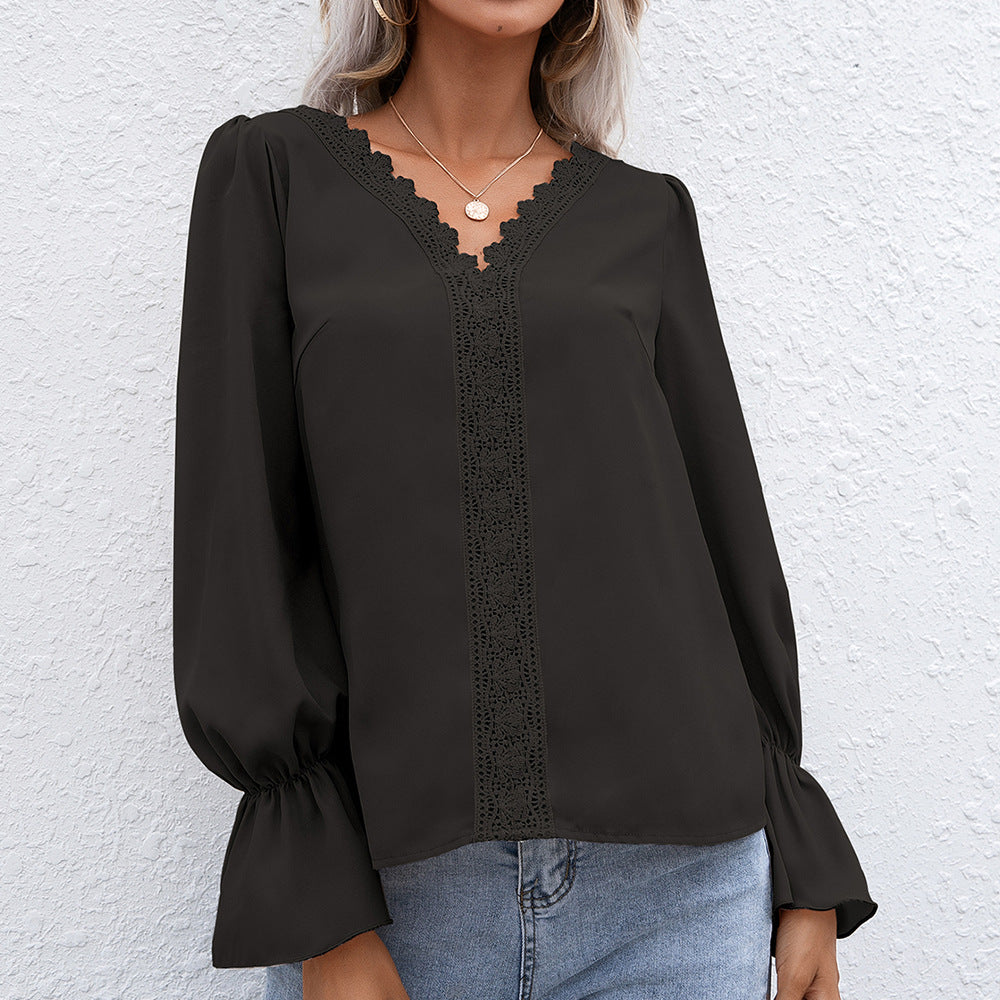 Temperament V-neck Hollow Lace Long-sleeved Shirt Women