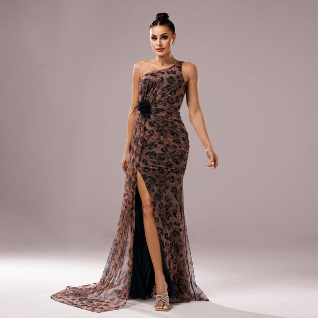 One-shoulder Diagonal Collar Leopard Sequined Evening Dress Hover Image