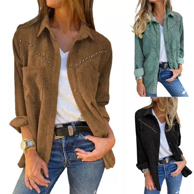 Rivet Long-sleeved Button Pocket Shirt Top Women Hover Image