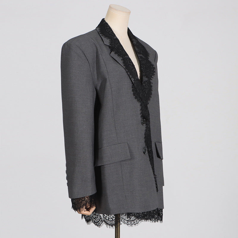Blazer structuré à manches longues et empiècements en dentelle pour femme