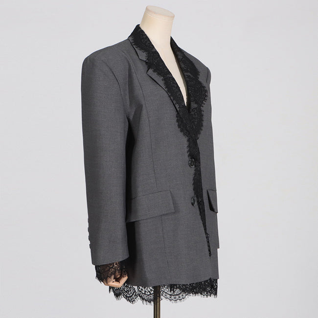 Lace-Panel Design Statement Long-Sleeve Structured Blazer For Women Main Image