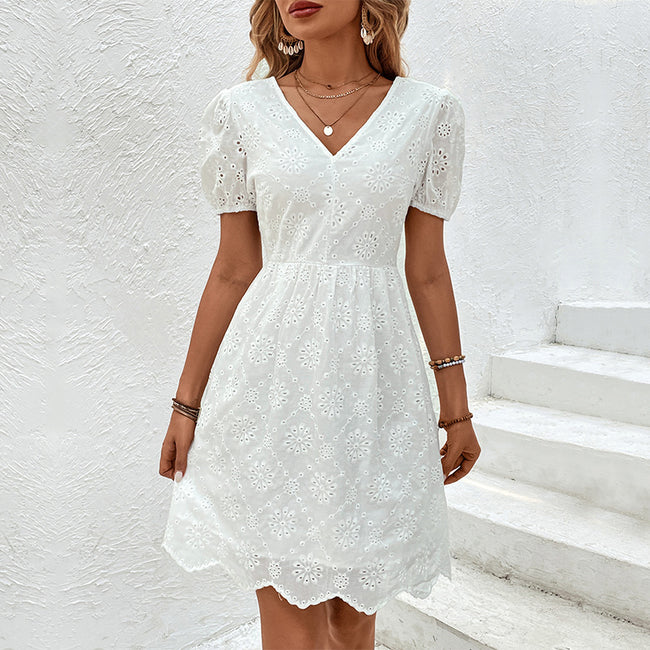Women's Summer Wear V-free Neck Puff Sleeve Dress Main Image