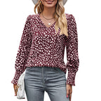 Loose Printed Long Sleeve V-neck Chiffon Shirt For Women