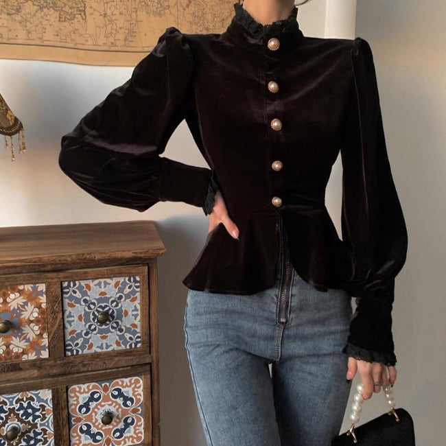 French Royal Style Velvet Lace Shirt For Women Hover Image