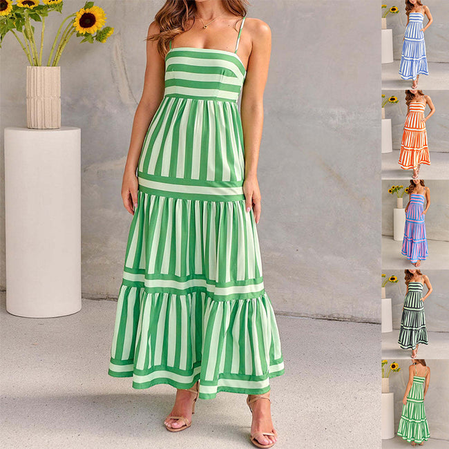 Summer Striped Printed Suspender Long Dress With Pockets Fashion Square Neck Backless Dresses For Beach Vacation Women Clothing Hover Image
