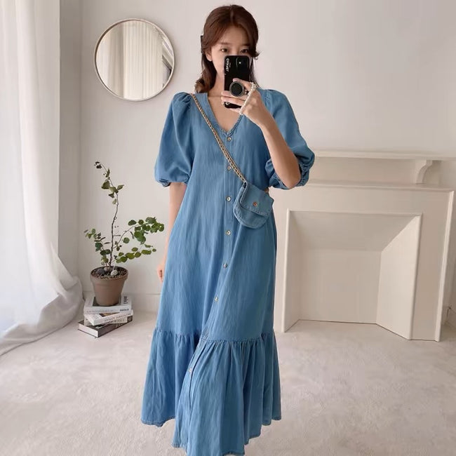 Casual Lotus Cloth Short Sleeve Denim Dress Hover Image