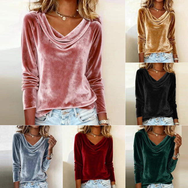 Elegant Velvet Long Sleeve Shirts For Women Fall Spring Solid Color Loose Women Blouses Fashion Pullover Tops Party Clothes Hover Image