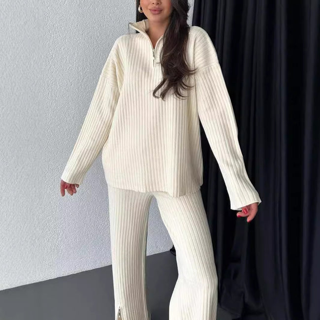 Fall Women's Clothing Solid Color Zipper Knitting Suit High Neck Ribbing Home Wear Two-piece Set Main Image