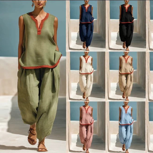 Summer Contrast-Colored Wide-Leg Pants Suit Womens Cotton-Linen Fashionable Two-Piece Set