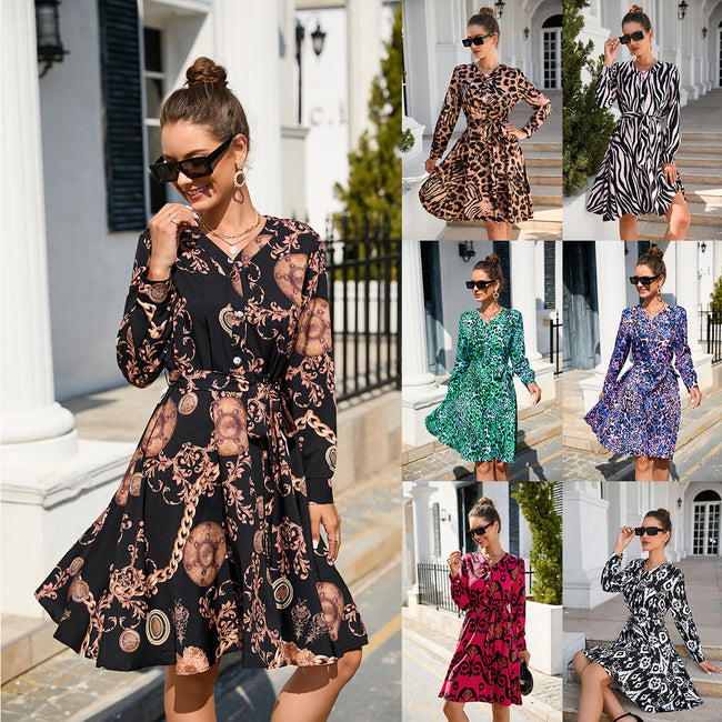 Summer Printing Long Sleeve Big Hem Dress Hover Image