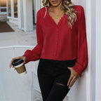 Versatile Long-sleeve Red Shirt For Women